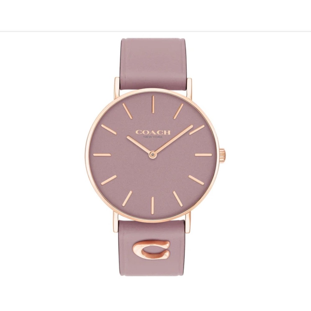COACH PURPLE LEATHER STRAP WATCH 36MM "PERRY" ROSE GOLD PLATED STEEL - Picture 3 of 10